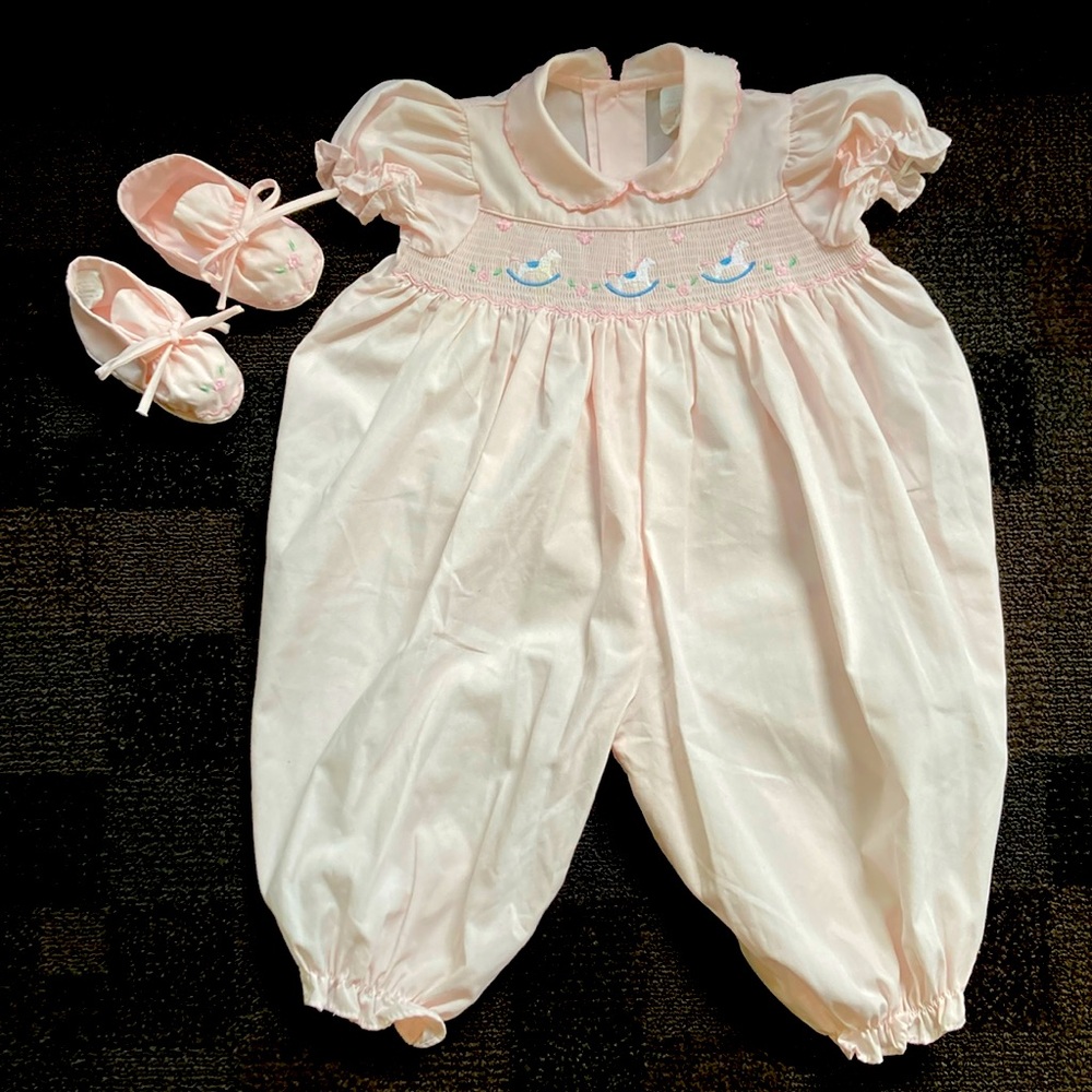 Vintage Baby Girl One-Piece Light Pink Jumpsuit Jumper w/Booties 6-9 mo 90's Y2K